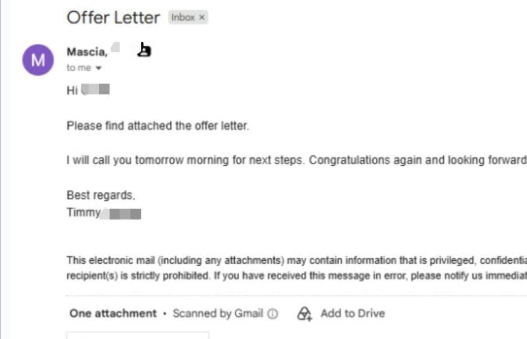 Email received by Alex — Offer received